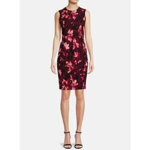 Calvin Klein Sheath Dress Womens Petite 6 Red Floral Sleeveless Fitted